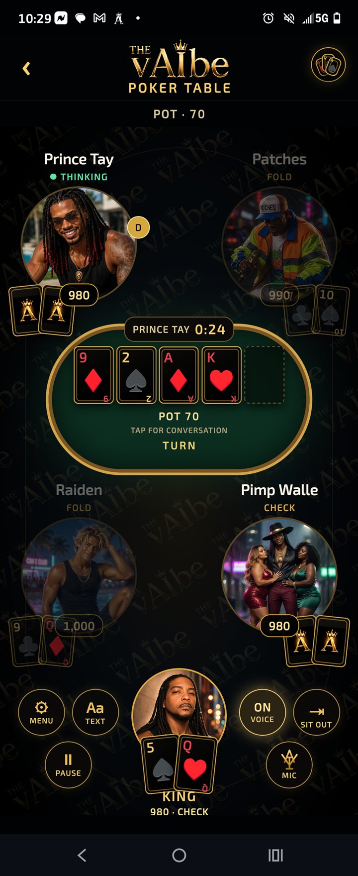 A live poker hand with Prince Tay, Patches, Raiden, Pimp Walle and King